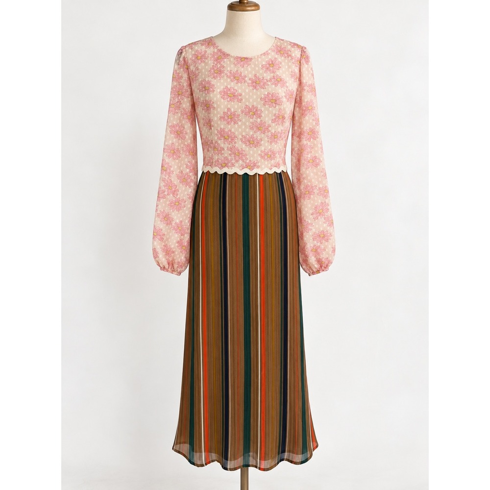 Traffic People Mixed Print Dress Womens XL Brown Floral Stripe Midi Eclectic NWT